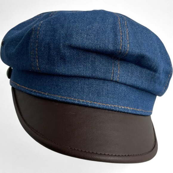 Vintage Denim Jean Leather Fisherman Captain Disco Sterkowski Cap Hat One Size - Picture 4 of 9